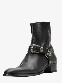 Black Ankle Boots Men's Round Toe Buckle Detail Chunky Heel Moto Boots