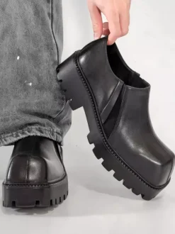 Black Ankle Boots Men's Square Toe Designed Slip On Shoes