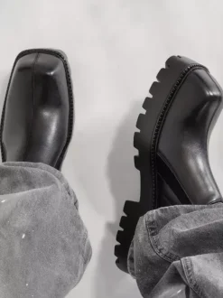 Black Ankle Boots Men's Square Toe Designed Slip On Shoes