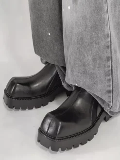 Black Ankle Boots Men's Square Toe Designed Slip On Shoes