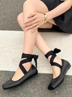 Black Ballerina Flats Square Toe Lace Up Ballet Flat Shoes For Women