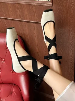 Black Ballerina Flats Square Toe Lace Up Ballet Flat Shoes For Women
