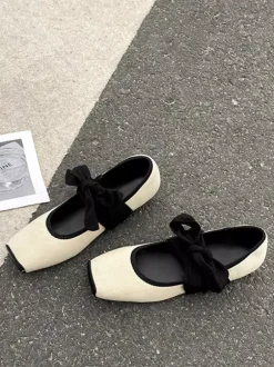 Black Ballerina Flats Square Toe Lace Up Ballet Flat Shoes For Women