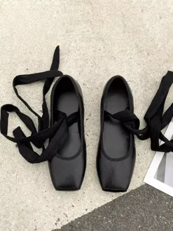 Black Ballerina Flats Square Toe Lace Up Ballet Flat Shoes For Women