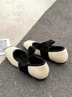 Black Ballerina Flats Square Toe Lace Up Ballet Flat Shoes For Women