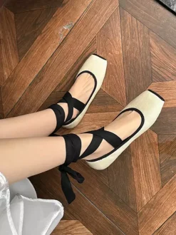 Black Ballerina Flats Square Toe Lace Up Ballet Flat Shoes For Women