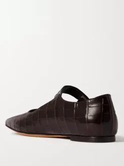 Black Ballet Flats Cowhide Square Toe Stone Pattern Mary Jane Ballerina Flat Shoes