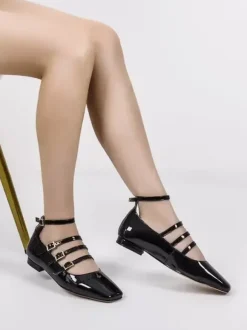 Black Ballet Flats Women Square Toe Buckle Detail Flat Shoes For Women