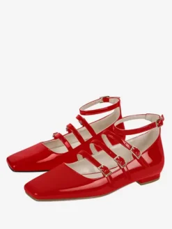 Black Ballet Flats Women Square Toe Buckle Detail Flat Shoes For Women