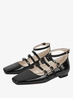 Black Ballet Flats Women Square Toe Buckle Detail Flat Shoes For Women