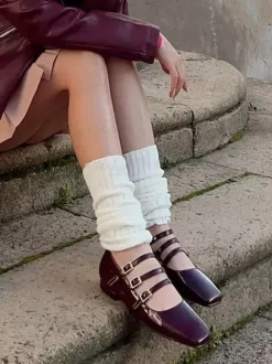 Black Ballet Flats Women Square Toe Buckle Detail Flat Shoes For Women