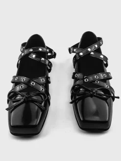 Black Ballet Flats Women's Square Toe Chukle Detail Criss Cross Casual Shoes