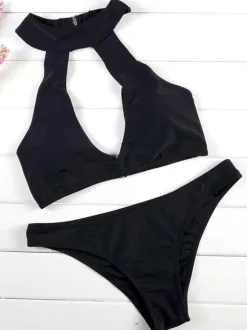 Black Bikini Keyhole Halter Two Piece Swimsuit