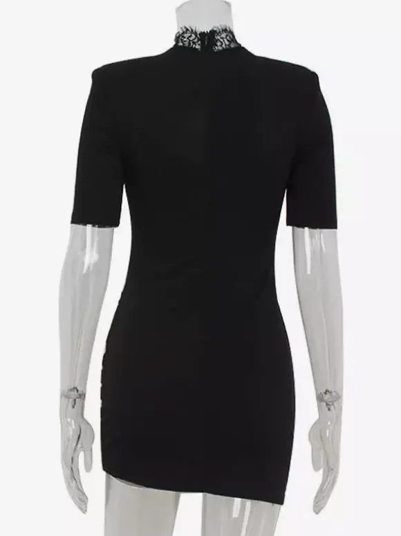 Black Bodycon Mini Dress With Lace Trim High Neck Sexy Club Dress For Women 2026