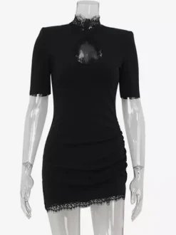 Black Bodycon Mini Dress With Lace Trim High Neck Sexy Club Dress For Women 2026