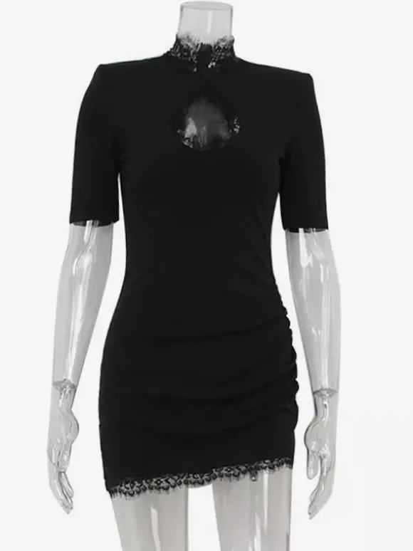 Black Bodycon Mini Dress With Lace Trim High Neck Sexy Club Dress For Women 2026
