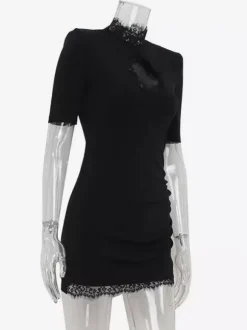 Black Bodycon Mini Dress With Lace Trim High Neck Sexy Club Dress For Women 2026