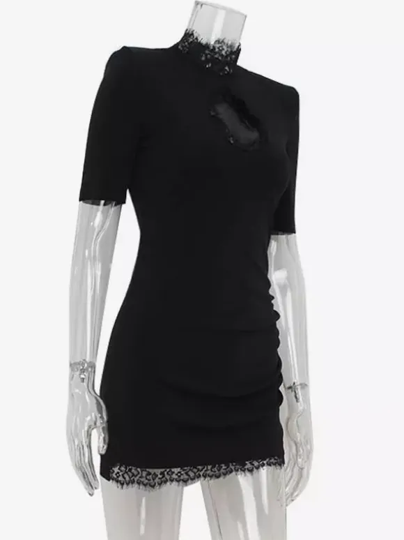 Black Bodycon Mini Dress With Lace Trim High Neck Sexy Club Dress For Women 2026
