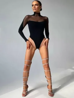 Black Bodysuit Illusion Neck Long Sleeves High Collar 1 Piece Outfit