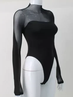 Black Bodysuit Illusion Neck Long Sleeves High Collar 1 Piece Outfit