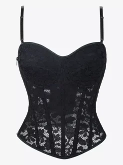 Black Bustier Top Lace Transparent Back Bandage Strappy Corset