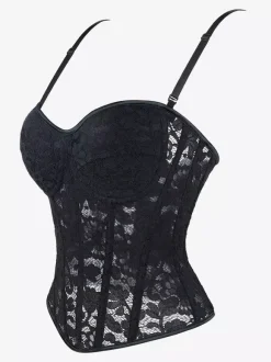 Black Bustier Top Lace Transparent Back Bandage Strappy Corset