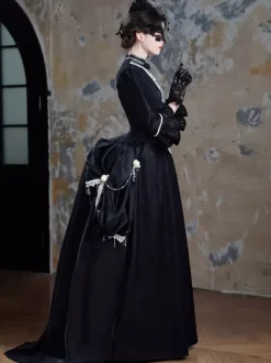 Black Bustle Victorian Dress Long Flare Dress With Mask Headwear Gloves Retro Dress Set
