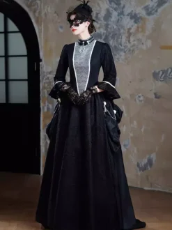 Black Bustle Victorian Dress Long Flare Dress With Mask Headwear Gloves Retro Dress Set