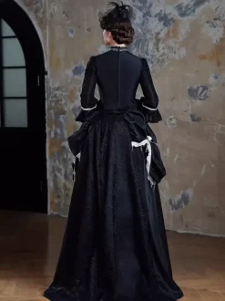 Black Bustle Victorian Dress Long Flare Dress With Mask Headwear Gloves Retro Dress Set