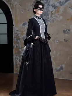 Black Bustle Victorian Dress Long Flare Dress With Mask Headwear Gloves Retro Dress Set
