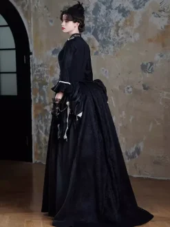 Black Bustle Victorian Dress Long Flare Dress With Mask Headwear Gloves Retro Dress Set