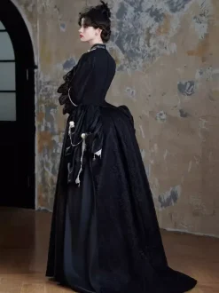 Black Bustle Victorian Dress Long Flare Dress With Mask Headwear Gloves Retro Dress Set