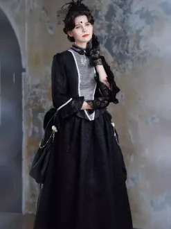 Black Bustle Victorian Dress Long Flare Dress With Mask Headwear Gloves Retro Dress Set