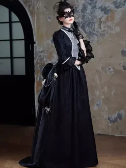 Black Bustle Victorian Dress Long Flare Dress With Mask Headwear Gloves Retro Dress Set