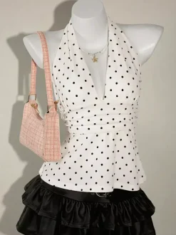 Black Cami Top Halter Lace Up Chic Polka Dot Camis For Women