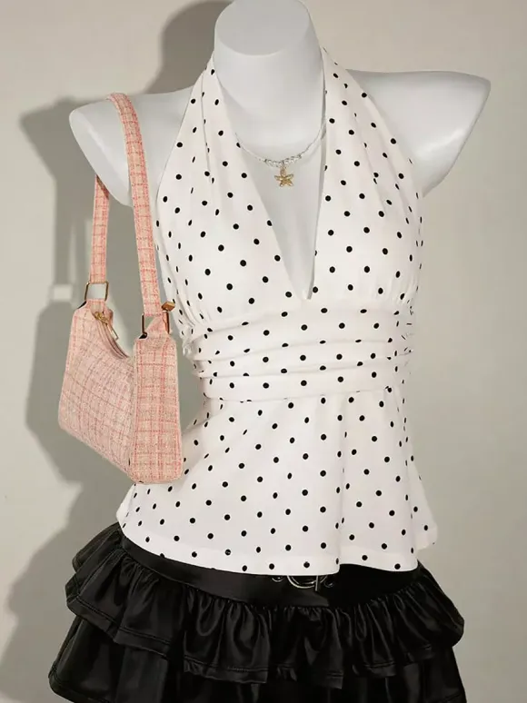 Black Cami Top Halter Lace Up Chic Polka Dot Camis For Women