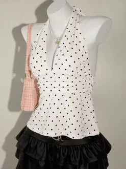 Black Cami Top Halter Lace Up Chic Polka Dot Camis For Women