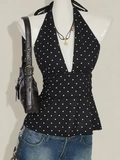 Black Cami Top Halter Lace Up Chic Polka Dot Camis For Women