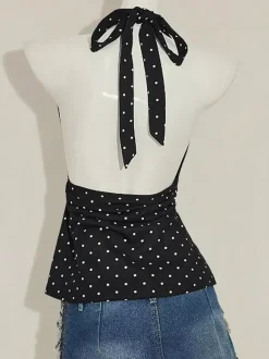 Black Cami Top Halter Lace Up Chic Polka Dot Camis For Women