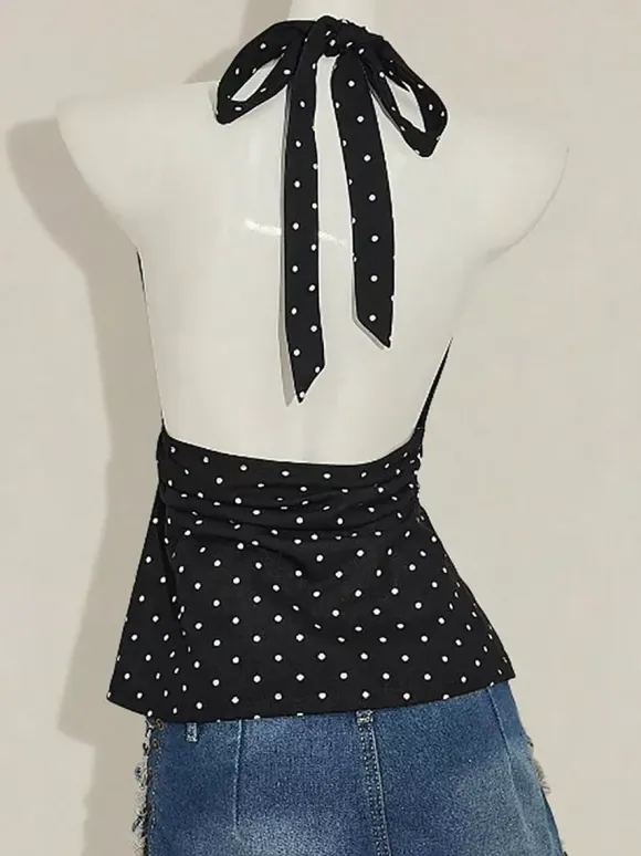 Black Cami Top Halter Lace Up Chic Polka Dot Camis For Women