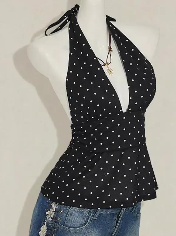Black Cami Top Halter Lace Up Chic Polka Dot Camis For Women