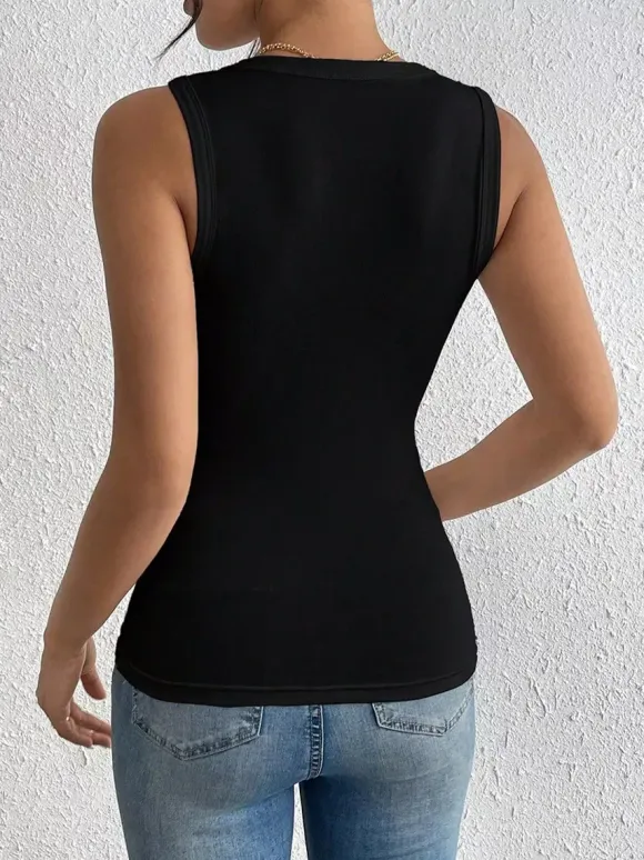 Black Cami Top Jewel Neck Flowers Chic Camis For Women