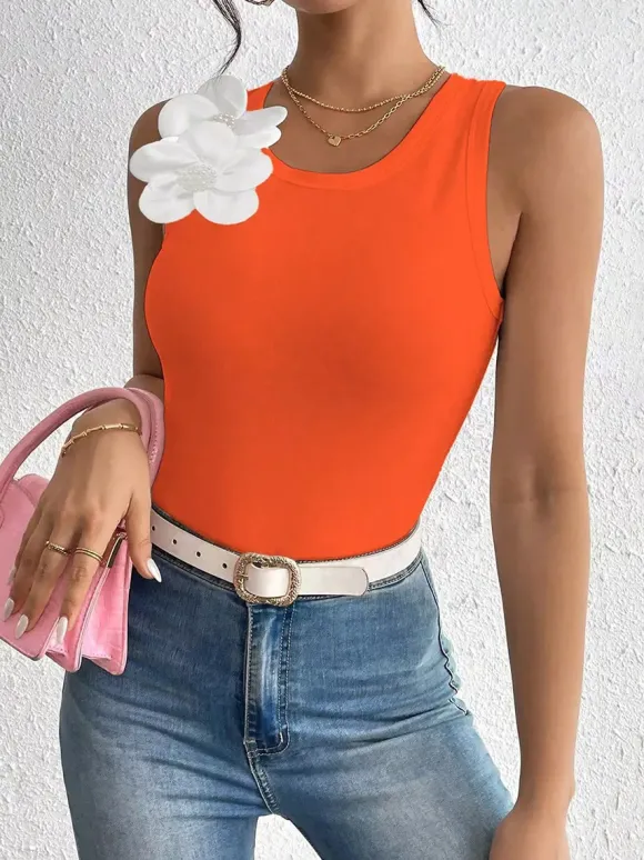 Black Cami Top Jewel Neck Flowers Chic Camis For Women