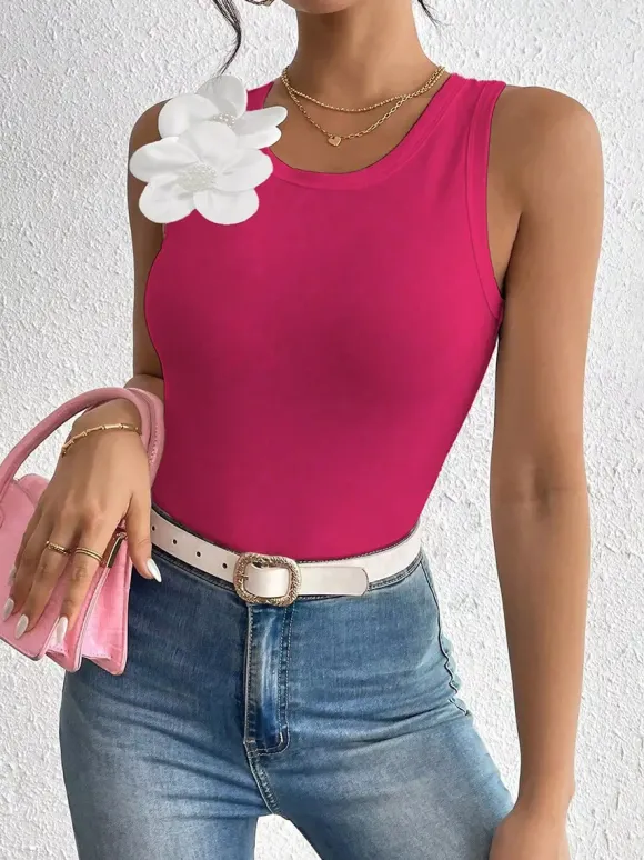 Black Cami Top Jewel Neck Flowers Chic Camis For Women
