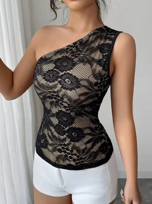 Black Cami Top Notched Neckline Floral Print Lace Casual Nylon Camis For Women