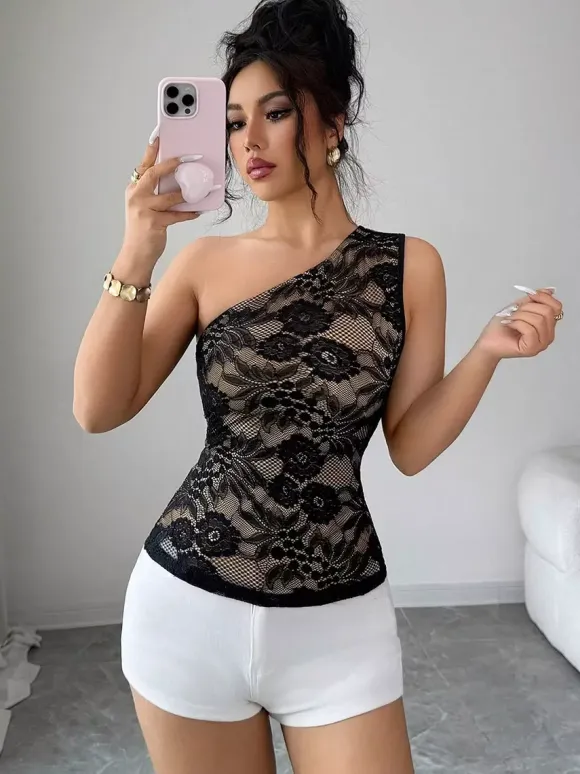 Black Cami Top Notched Neckline Floral Print Lace Casual Nylon Camis For Women