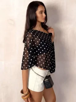 Black Cami Top Notched Neckline Polka Dot Chic Asymmetrical Camis For Women