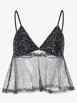 Black Cami Top Straps Neck Lace Sexy Polyester Women Camis