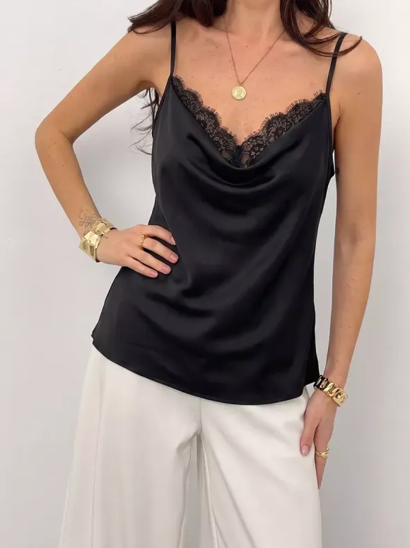 Black Cami Top V-Neck Lace Chic Camis For Women