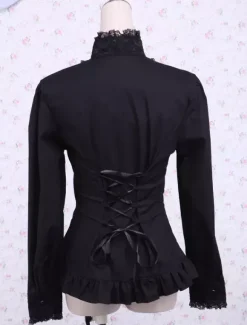 Black Cotton Lolita Blouse Stand Collar Layered Lace Trim Ruffles